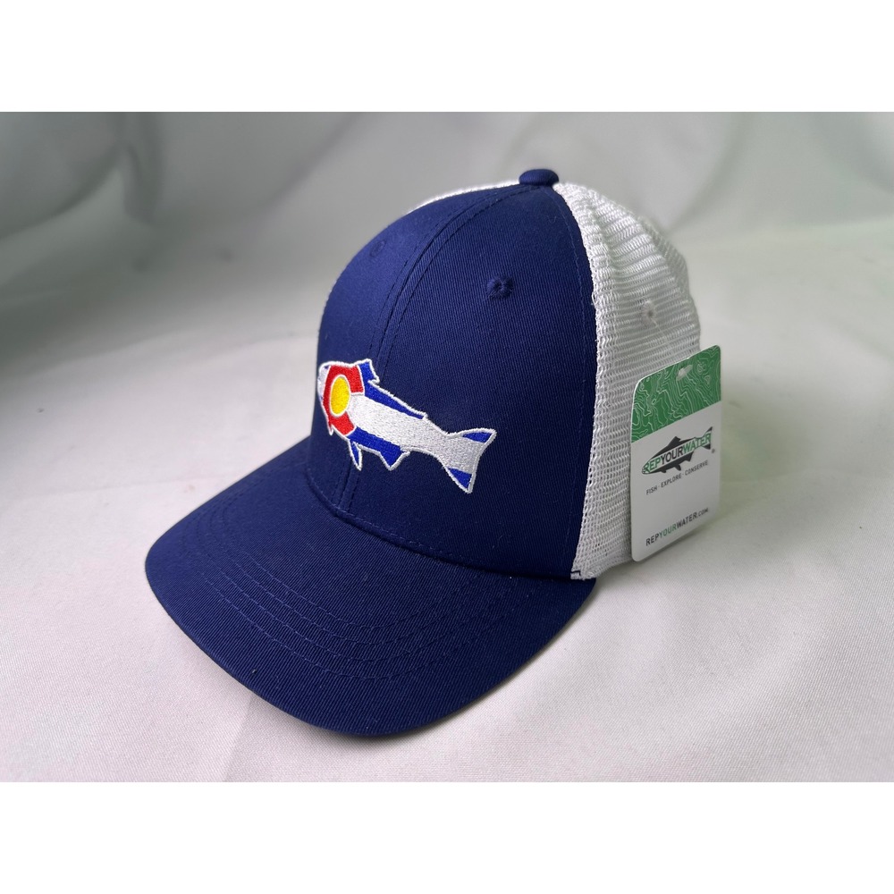 NWT Rep Your Water Colorado Trout‎ Trucker Hat Blue White Mesh Snapback Retro